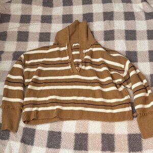Cozy Striped V-Neck Sweater in Tan and White